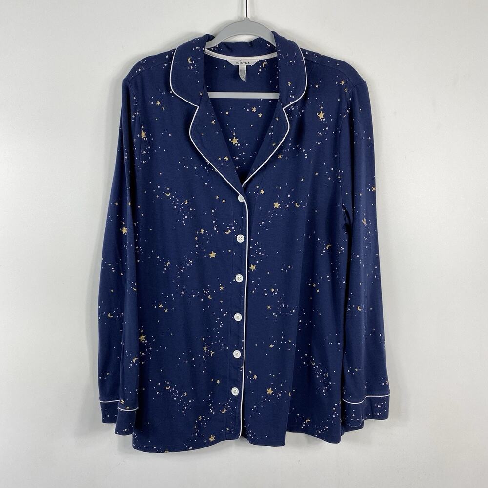 Soma Pajama Top XL Navy Blue Stars Long Sleeve Button Front Sleep Shirt